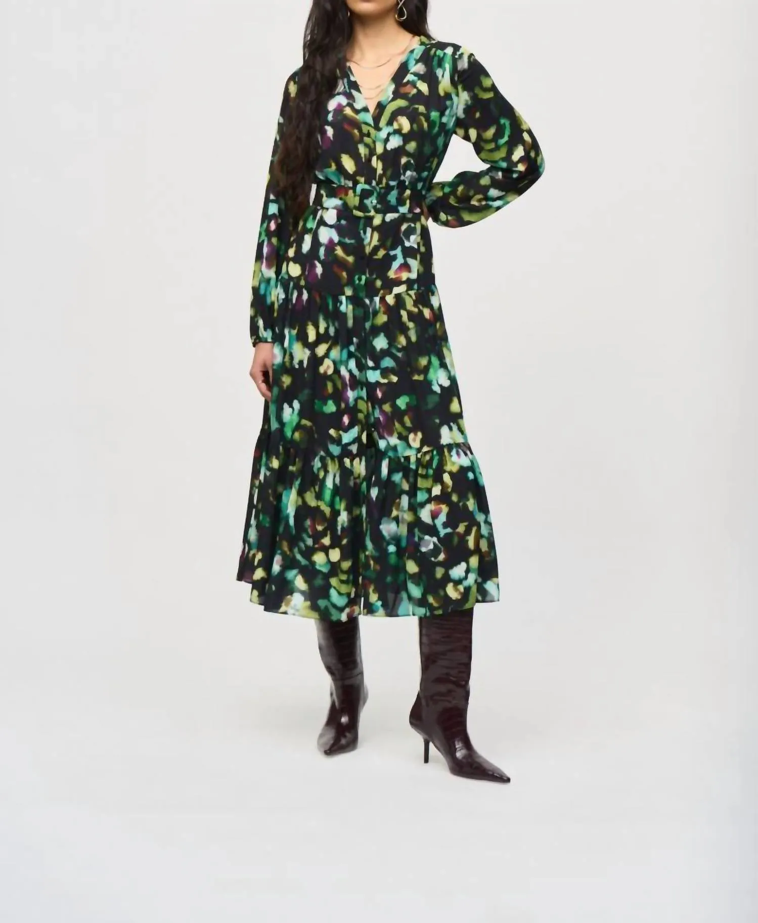 Abstract Camo Belted A-Line Midi Dress In Black/multi