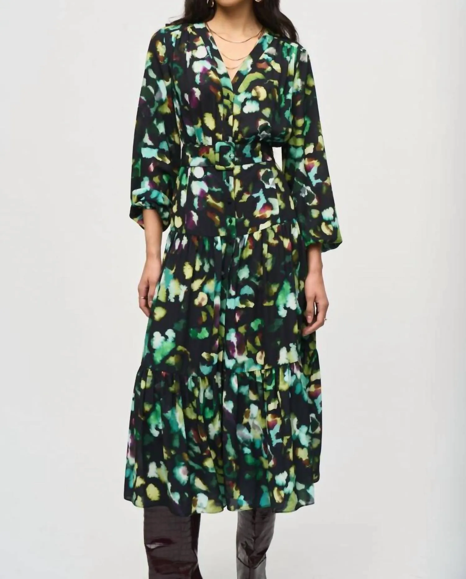 Abstract Camo Belted A-Line Midi Dress In Black/multi