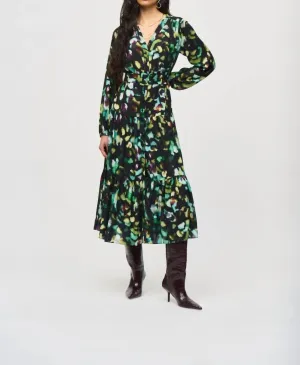 Abstract Camo Belted A-Line Midi Dress In Black/multi