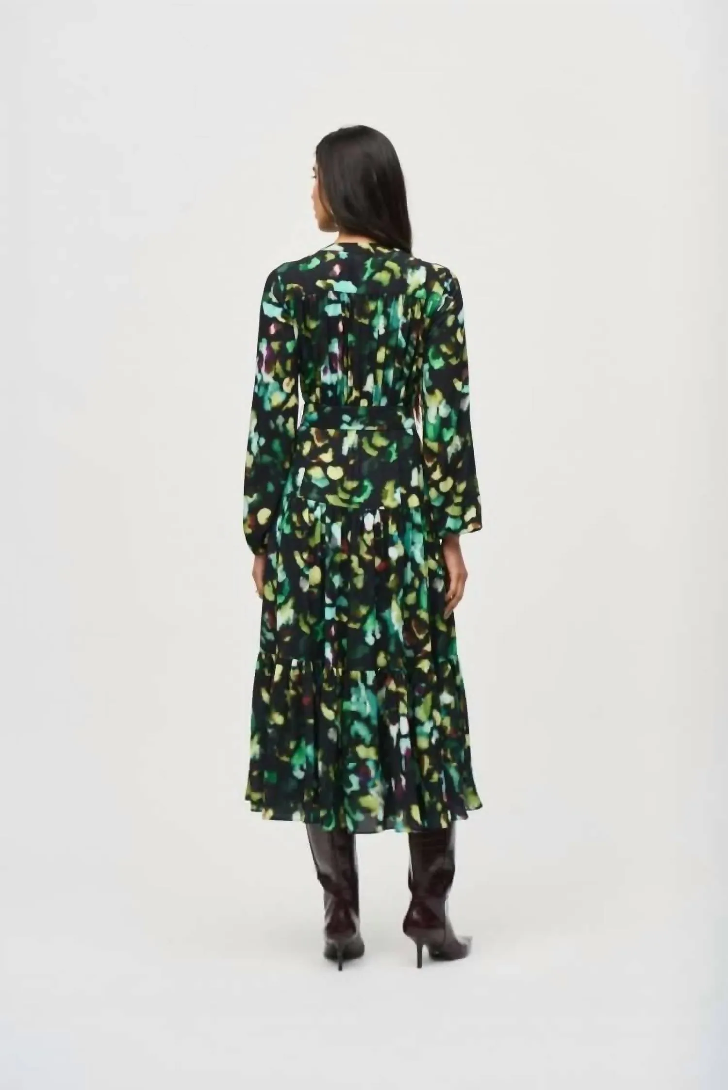 Abstract Camo Belted A-Line Midi Dress In Black/multi