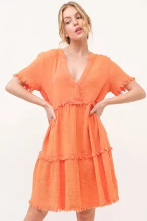 And The Why Washed Frayed Detail Tiered Dress