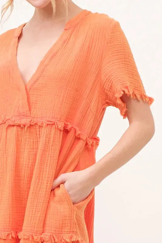 And The Why Washed Frayed Detail Tiered Dress