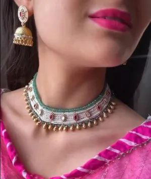 Antique Designer Moti with Green Pearl Jhumka Earrings