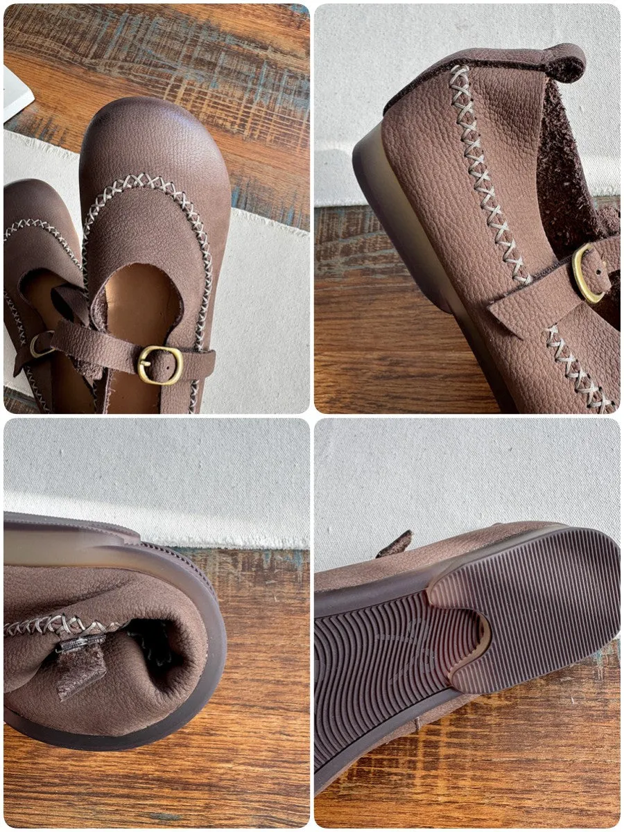 Babakud Women Spring Retro Leather Suede Soft Sole Mary Jane Flats