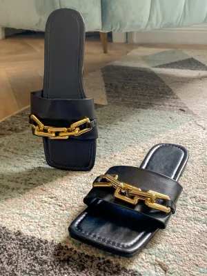 Black Chain-Accent Sip On Slides Flat Sandals