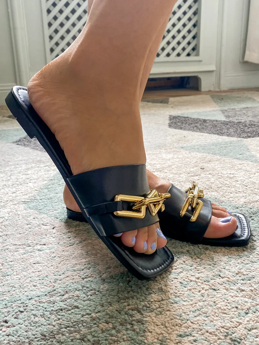 Black Chain-Accent Sip On Slides Flat Sandals