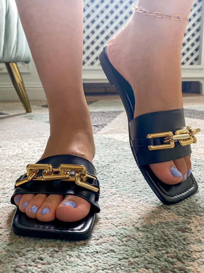 Black Chain-Accent Sip On Slides Flat Sandals