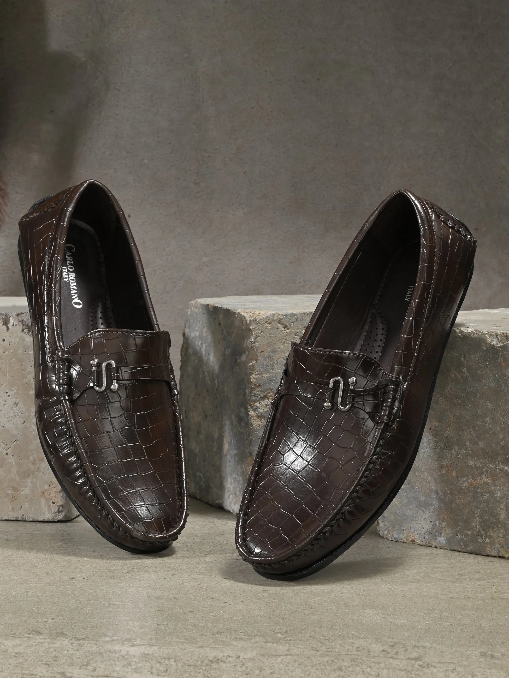 CARLO ROMANO BY WASAN BROWN COLOR VEGAN LEATHER CROCO PATENT MOCCASIN FOR MEN