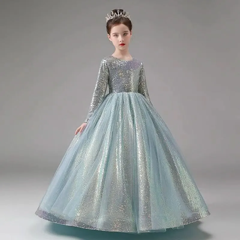 Children's Evening Gown Sequin Long Sleeve Stage Performance Girls Dress