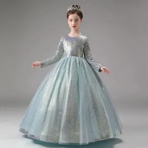 Children's Evening Gown Sequin Long Sleeve Stage Performance Girls Dress