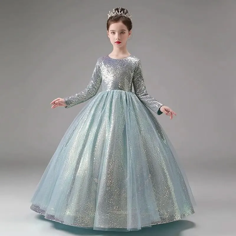 Children's Evening Gown Sequin Long Sleeve Stage Performance Girls Dress