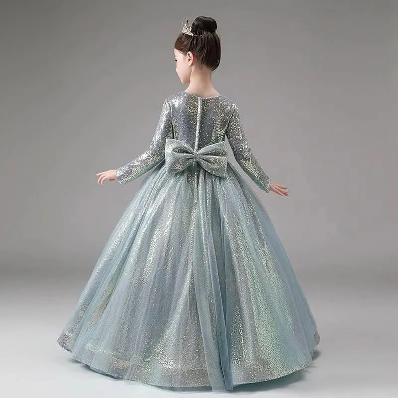 Children's Evening Gown Sequin Long Sleeve Stage Performance Girls Dress