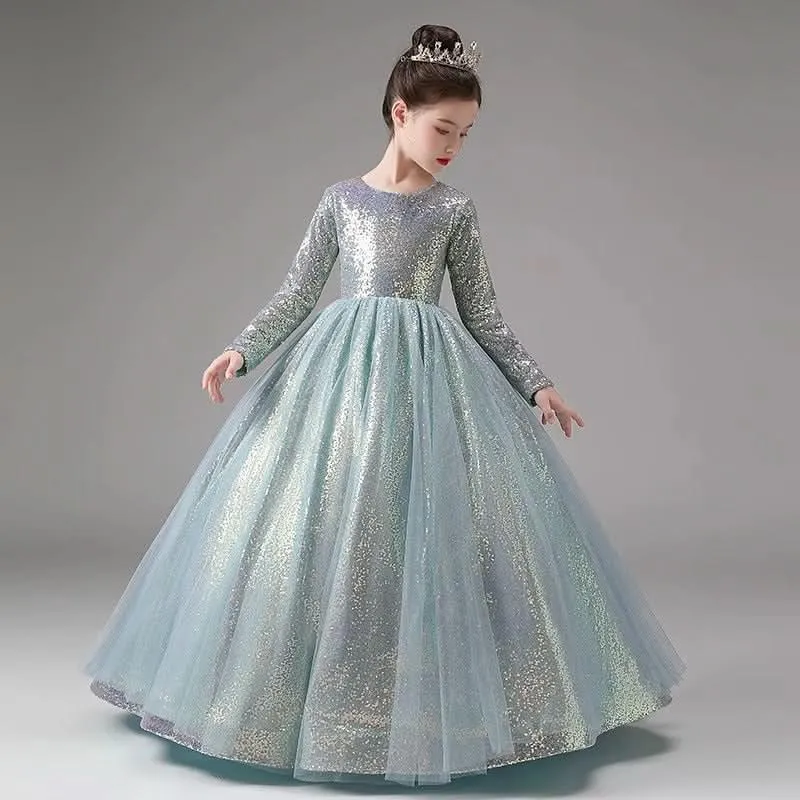 Children's Evening Gown Sequin Long Sleeve Stage Performance Girls Dress
