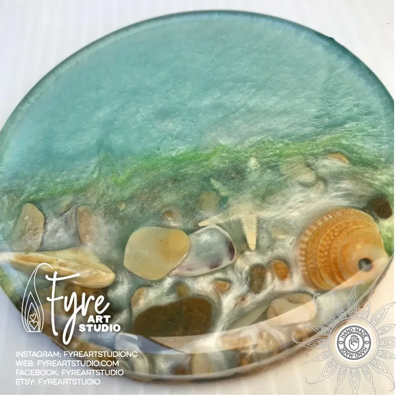 Coaster - Light Blue Shore Break Resin Coaster with Outer Banks Beach Sand & Shells