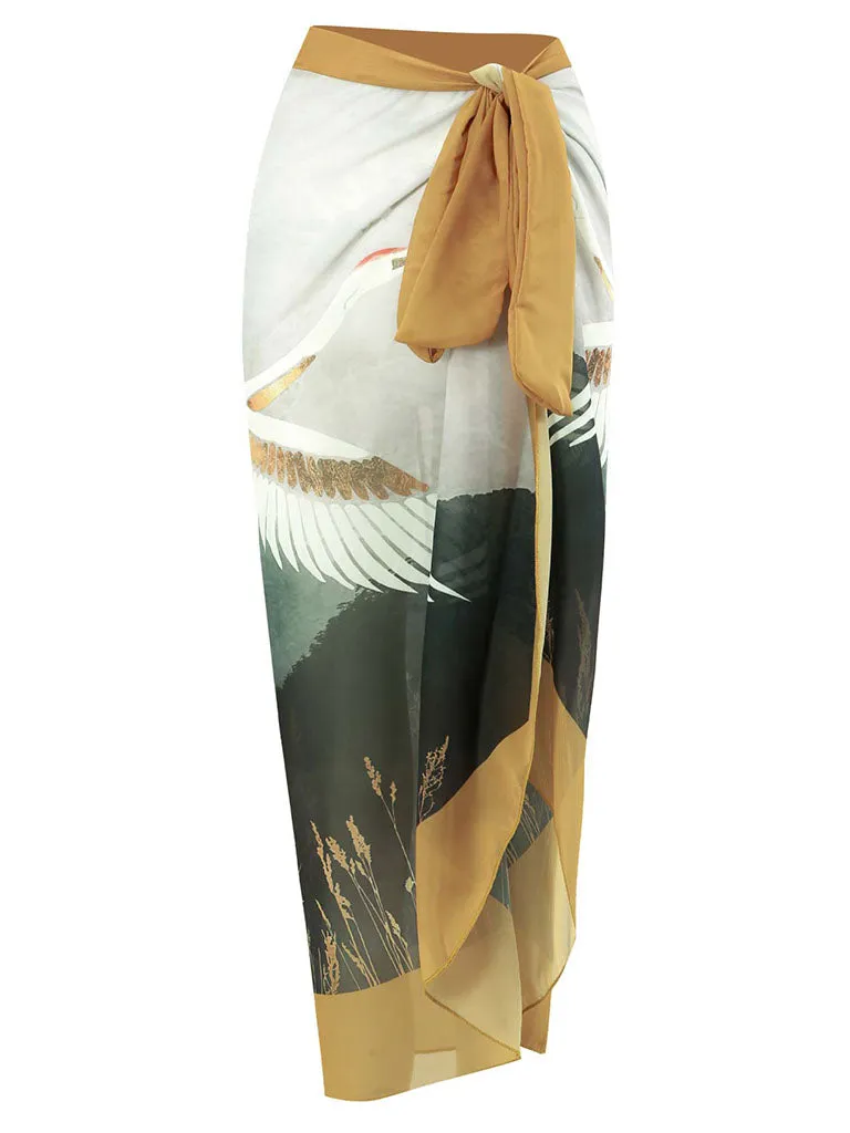 Cranes Bird Print Retro Style V Neck One Piece With Bathing Suit Wrap Skirt