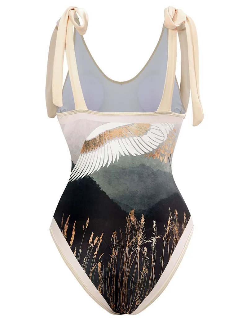 Cranes Bird Print Retro Style V Neck One Piece With Bathing Suit Wrap Skirt