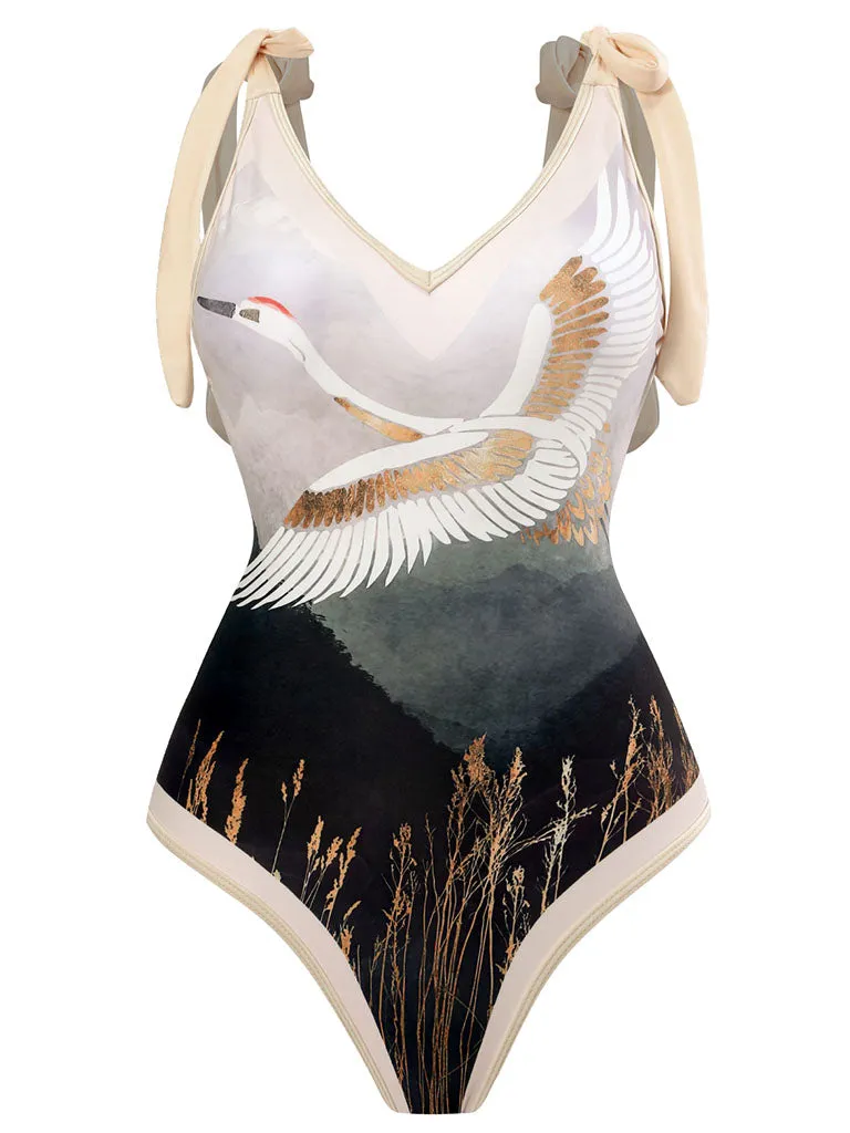 Cranes Bird Print Retro Style V Neck One Piece With Bathing Suit Wrap Skirt