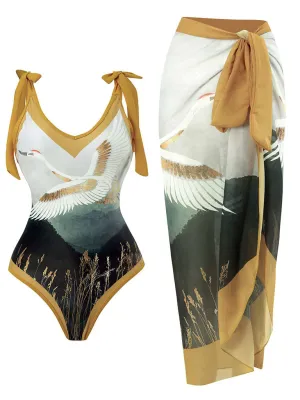 Cranes Bird Print Retro Style V Neck One Piece With Bathing Suit Wrap Skirt