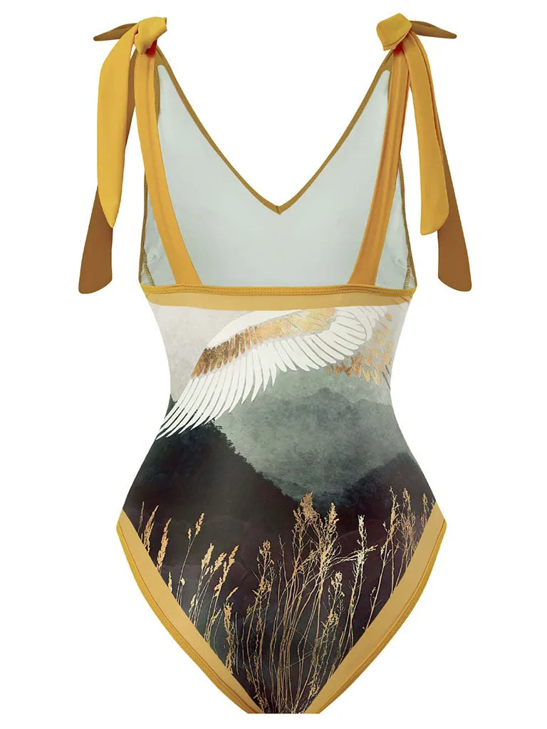 Cranes Bird Print Retro Style V Neck One Piece With Bathing Suit Wrap Skirt