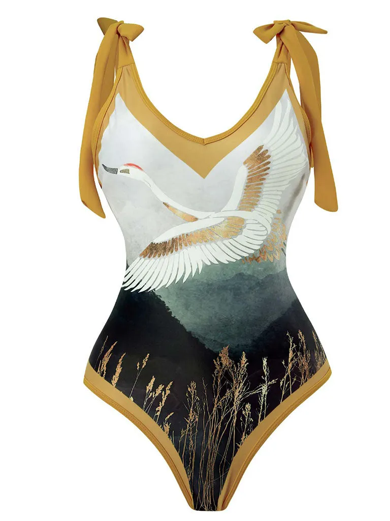 Cranes Bird Print Retro Style V Neck One Piece With Bathing Suit Wrap Skirt