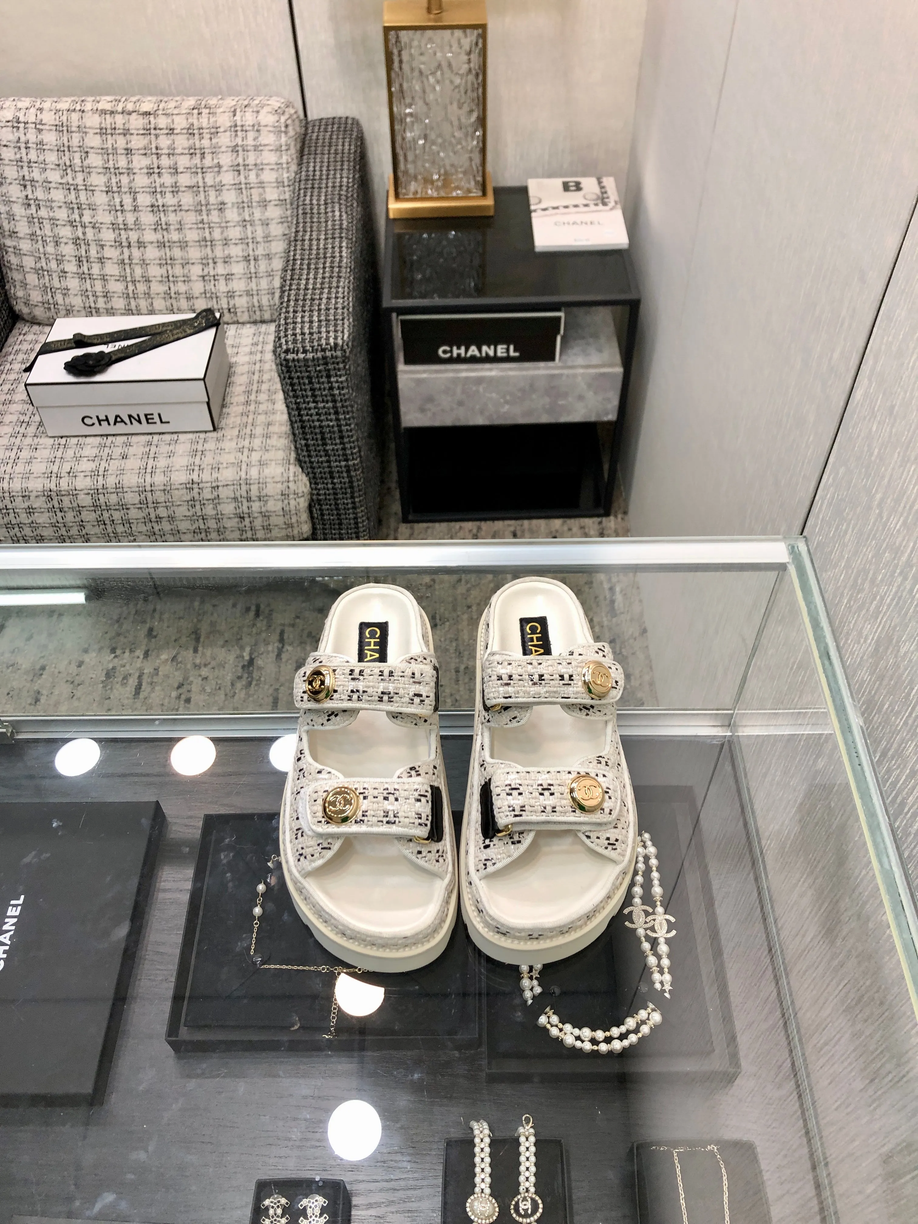 DAD SANDAL MULE IN WHITE MIX BLACK TWEED FABRIC