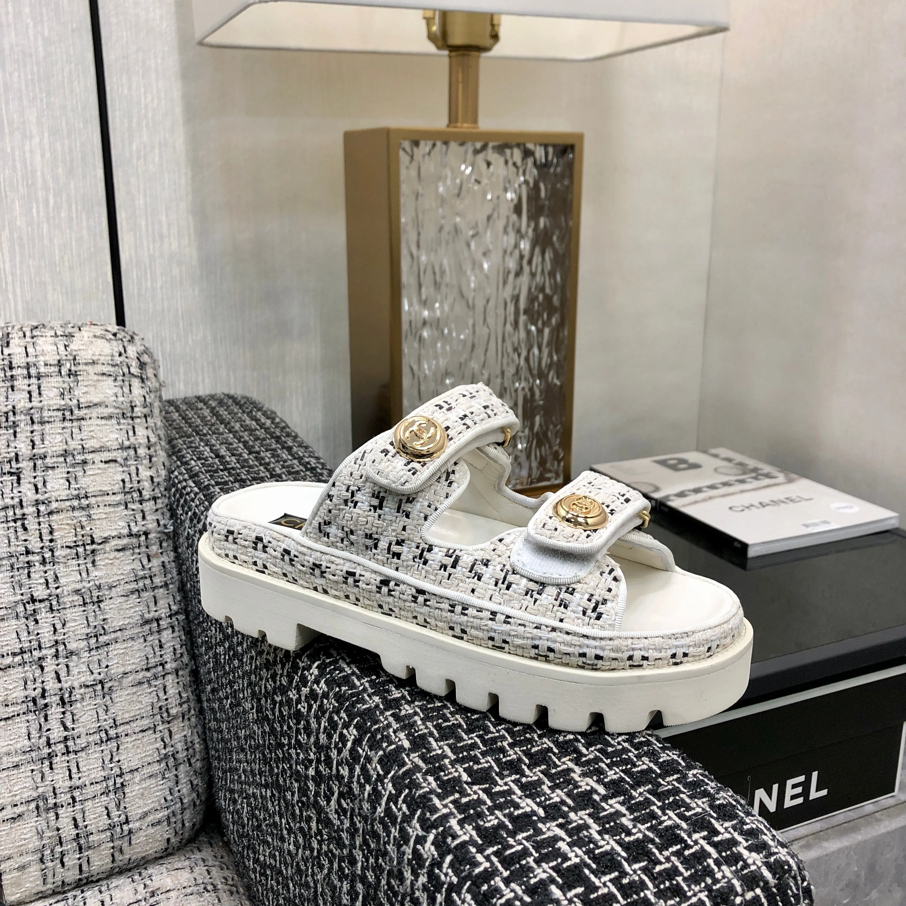 DAD SANDAL MULE IN WHITE MIX BLACK TWEED FABRIC