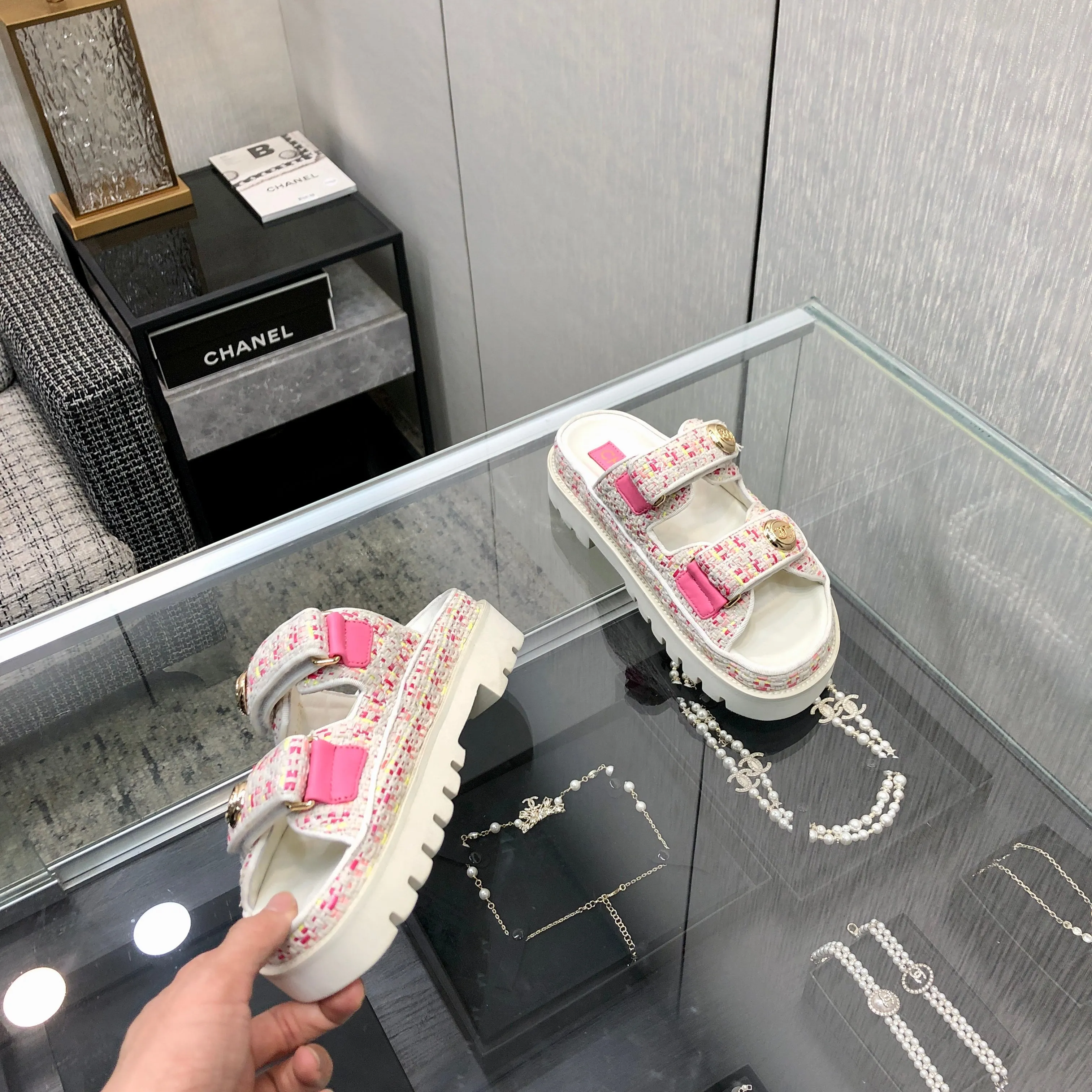 DAD SANDAL MULE IN WHITE MIX BRIGHT PINK TWEED FABRIC