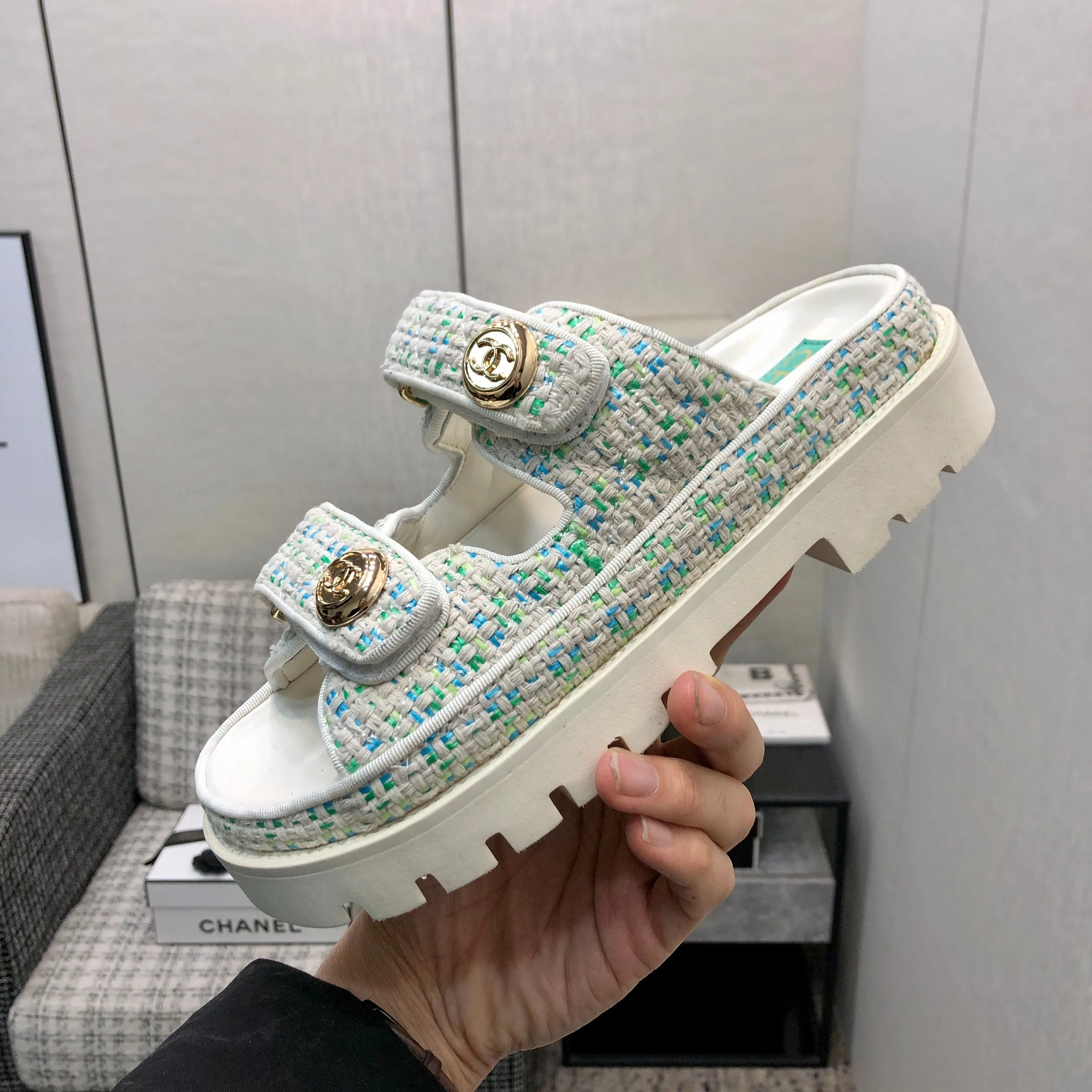 DAD SANDAL MULE IN WHITE MIX PERSIAN GREEN TWEED FABRIC