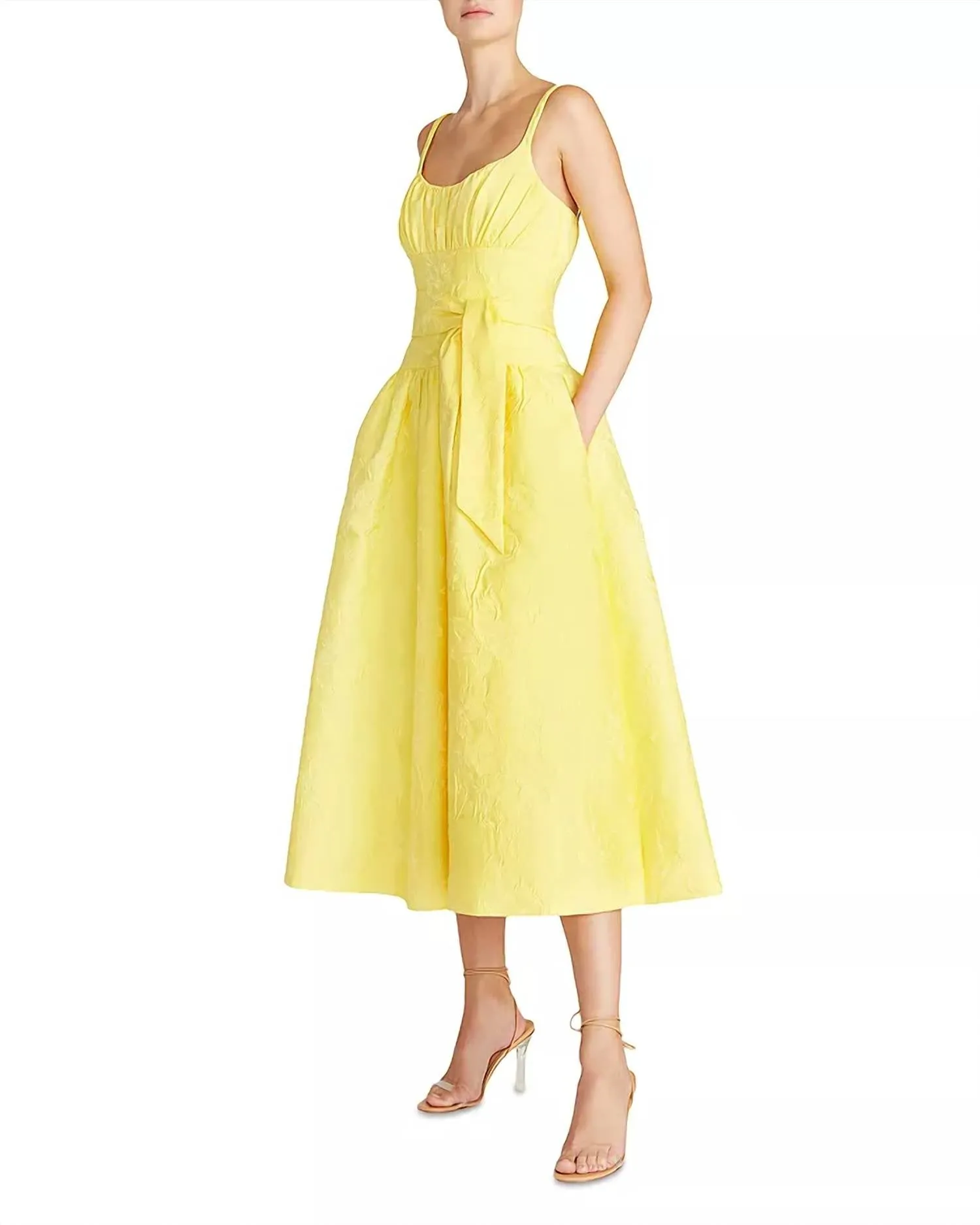 Daffodil Jacquard Fit And Flare Midi Dress In Yellow