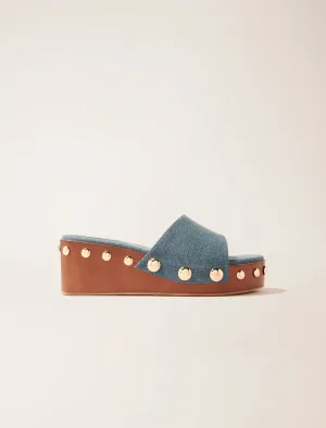 Denim studded wedge mules