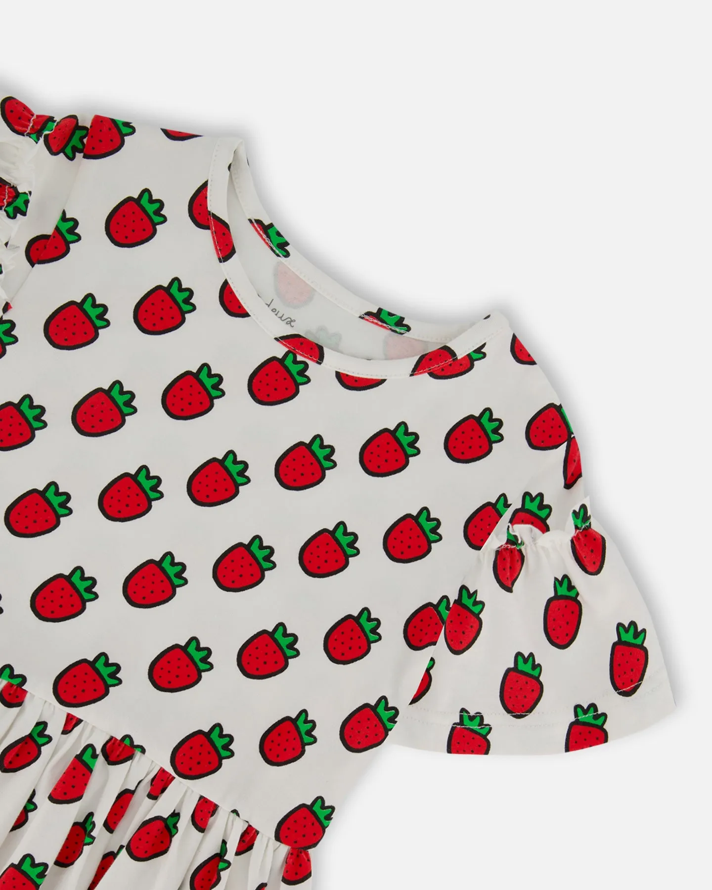 Deux Par Deux Printed Organic Jersey Dress   Flounce Sleeves - Pop Strawberry