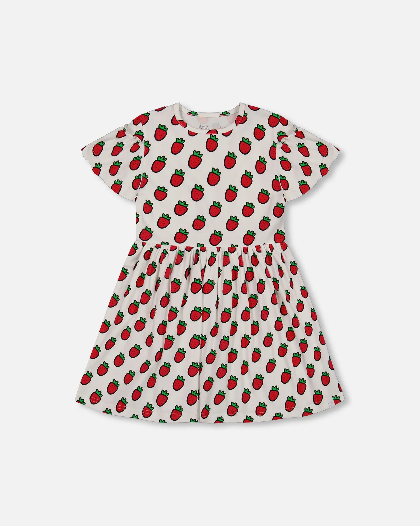 Deux Par Deux Printed Organic Jersey Dress   Flounce Sleeves - Pop Strawberry