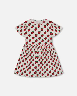 Deux Par Deux Printed Organic Jersey Dress   Flounce Sleeves - Pop Strawberry