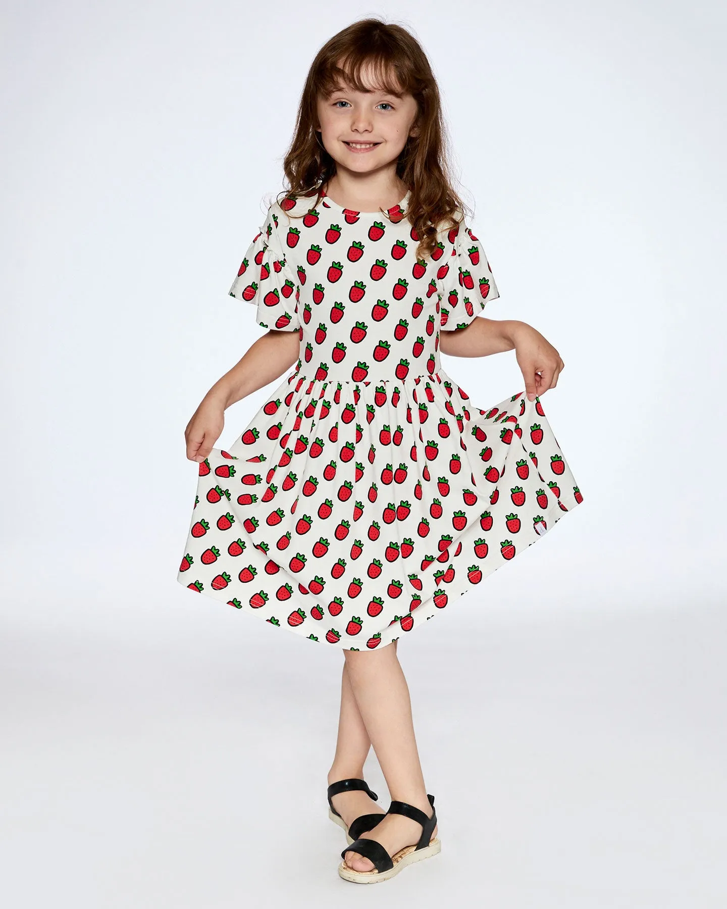 Deux Par Deux Printed Organic Jersey Dress   Flounce Sleeves - Pop Strawberry