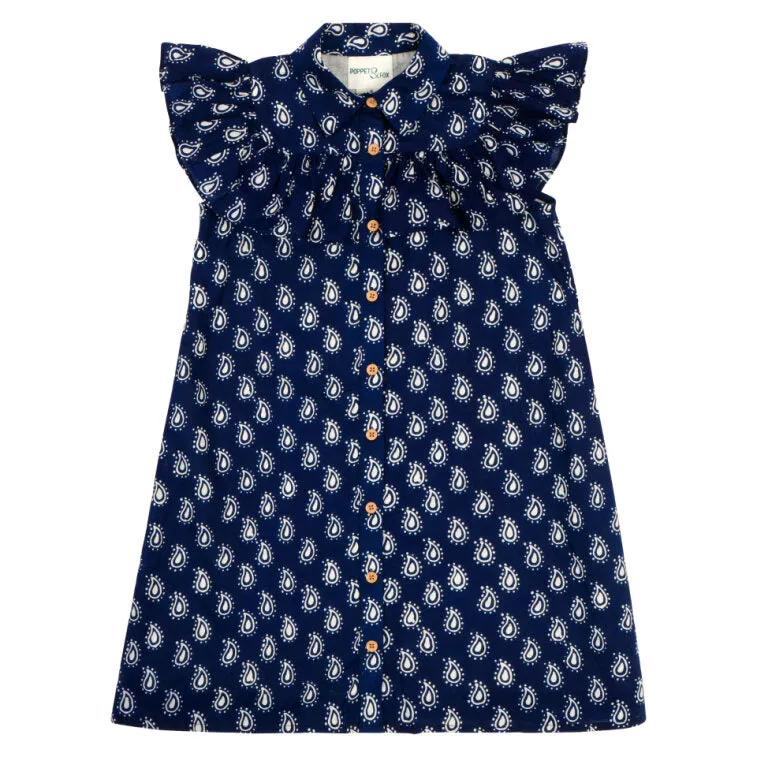 Frilled Bib Shirt Dress in Dark Blue