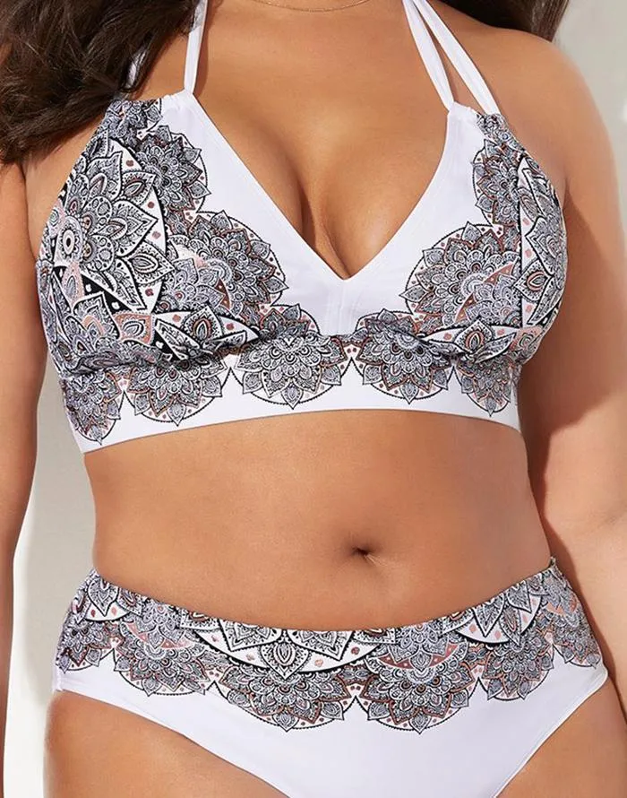 FULLFITALL - Foil Black Lace Print V-Neck Halter Bikini Set