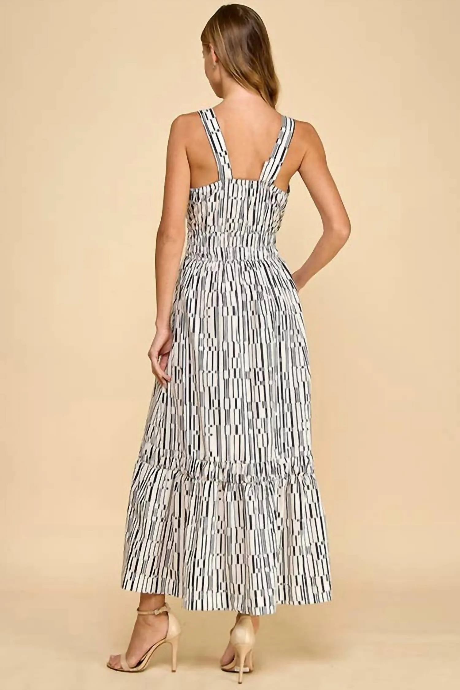 Geometric Striped Midi Dress In White/black