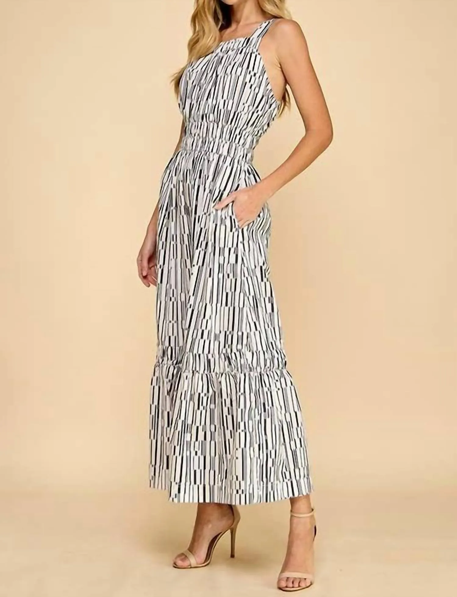 Geometric Striped Midi Dress In White/black