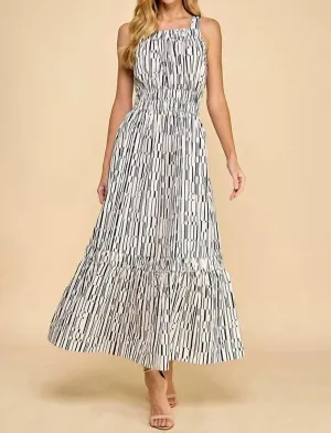 Geometric Striped Midi Dress In White/black