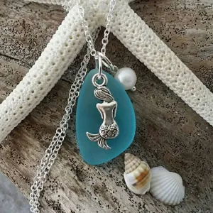 Handmade in Hawaii, Blue sea glass necklace, mermaid charm ,Natural  pearl,   gift box, Hawaii jewelry .
