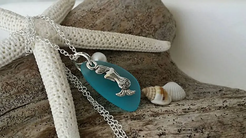 Handmade in Hawaii, Blue sea glass necklace, mermaid charm ,Natural  pearl,   gift box, Hawaii jewelry .