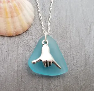 Handmade in Hawaii, Hawaii culture "Shaka - carefree attitude" sign, Turquoise Bay blue sea glass necklace, "December Birthstone" color