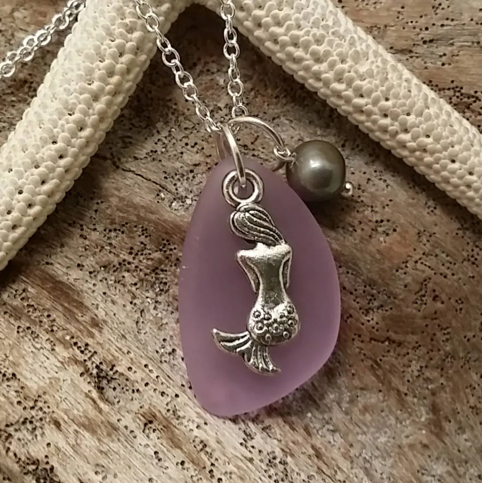 Handmade in Hawaii, "Magical Color Changing" purple sea glass necklace, Mermaid charm ,Natural pearl