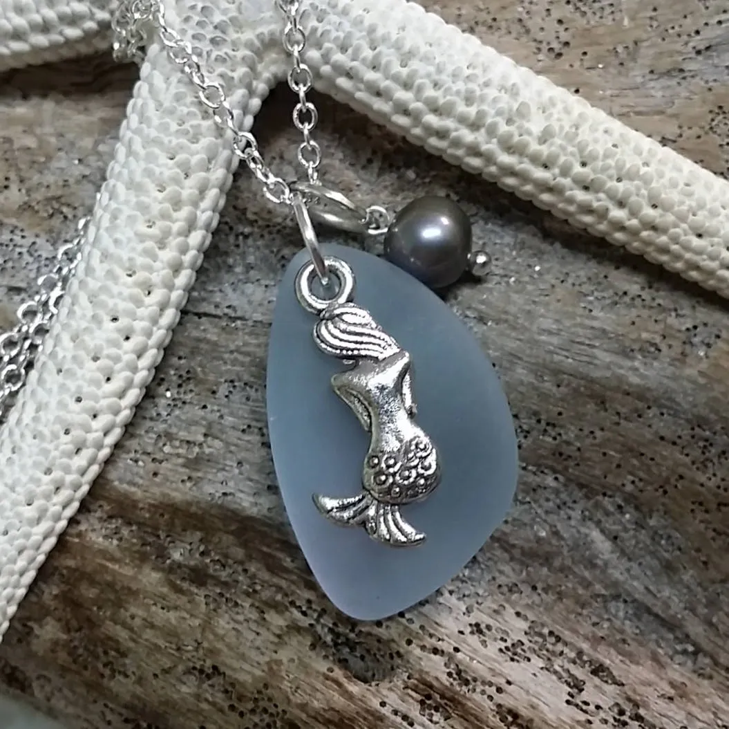 Handmade in Hawaii, "Magical Color Changing" purple sea glass necklace, Mermaid charm ,Natural pearl