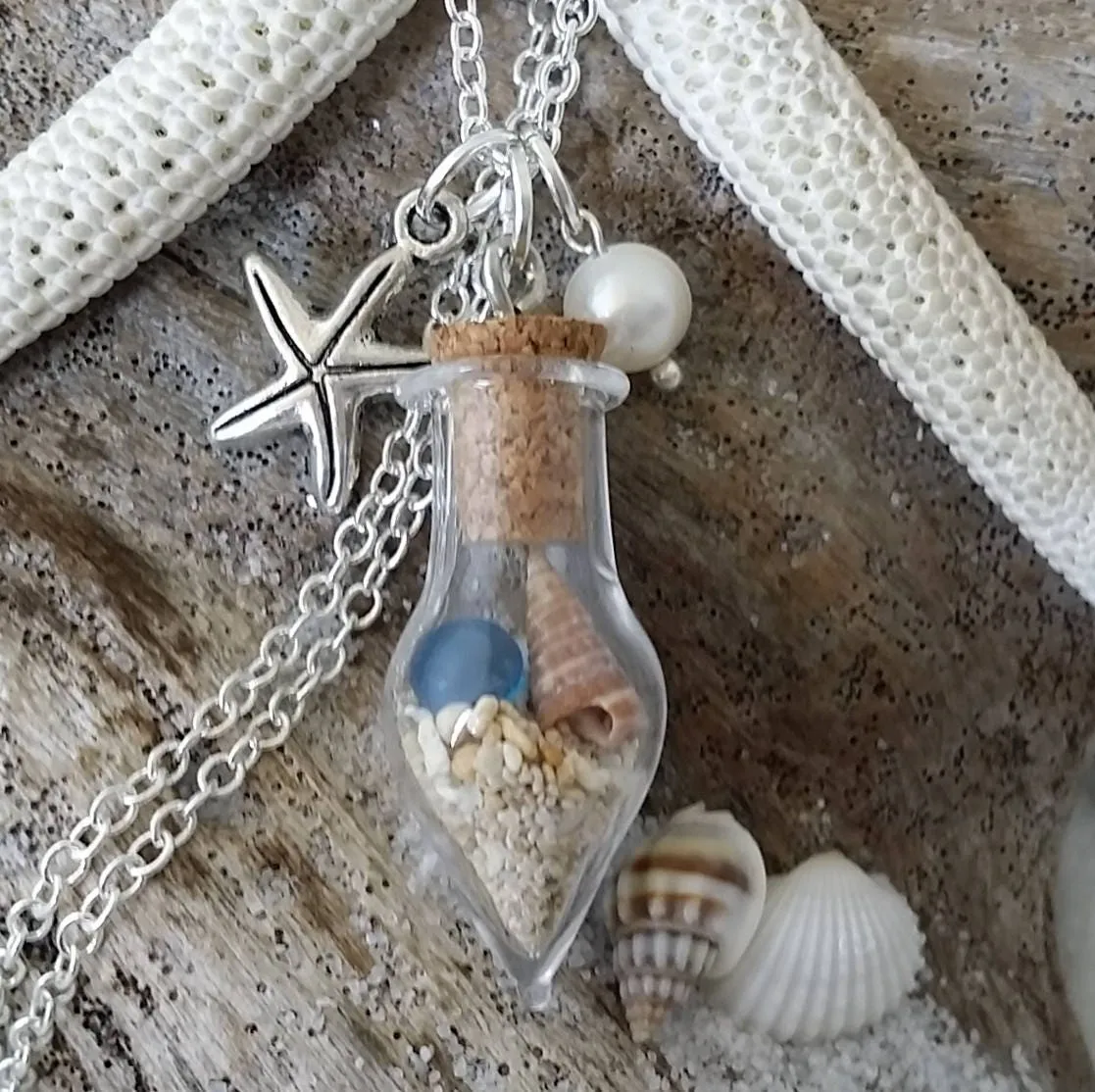 Handmade in Hawaii, sea glass "wish bottle" necklace, starfish charm, Natural pearl,