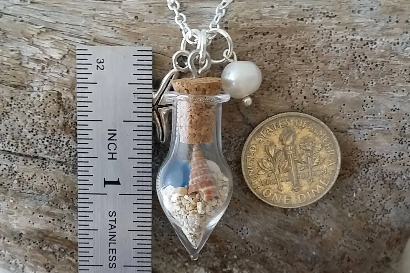 Handmade in Hawaii, sea glass "wish bottle" necklace, starfish charm, Natural pearl,