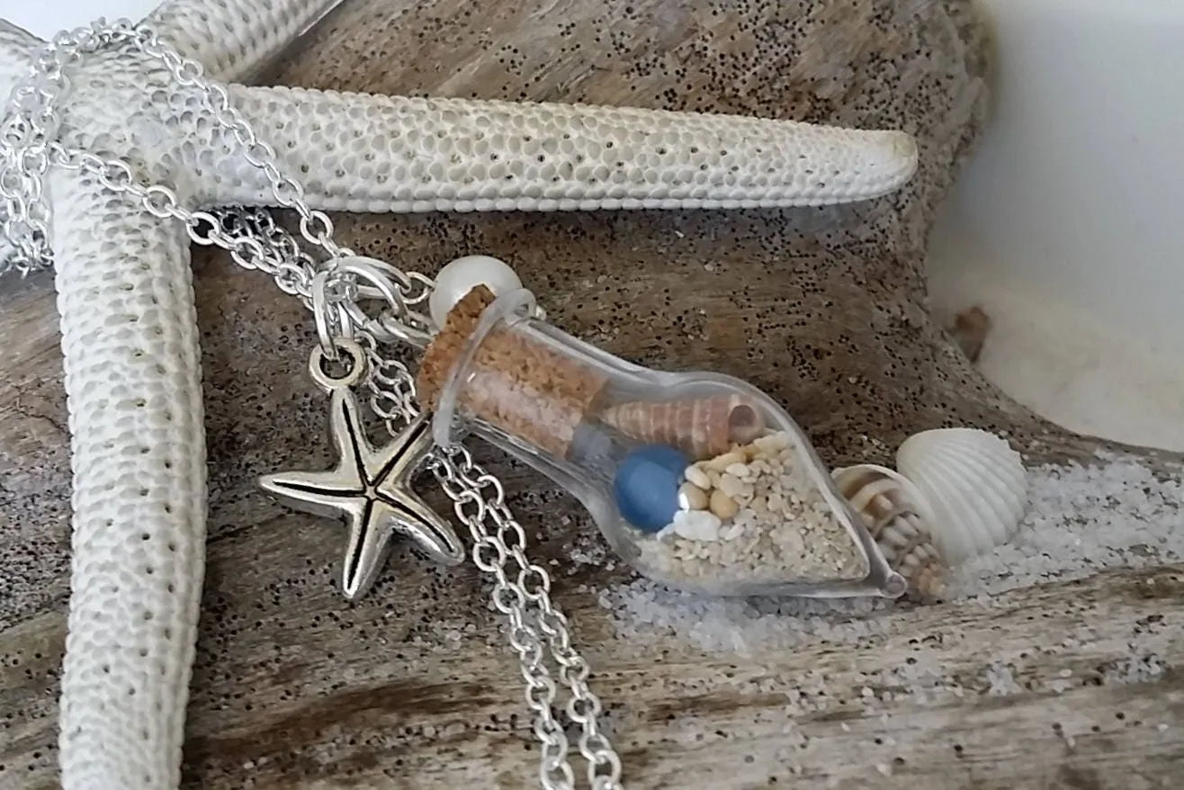 Handmade in Hawaii, sea glass "wish bottle" necklace, starfish charm, Natural pearl,