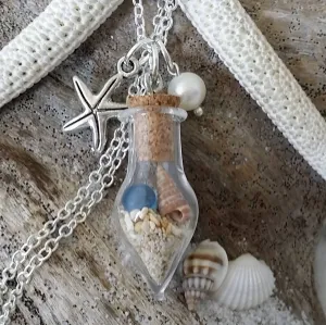 Handmade in Hawaii, sea glass "wish bottle" necklace, starfish charm, Natural pearl,