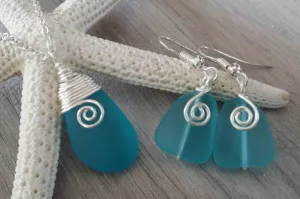 Handmade in Hawaii, Wire wrapped blue sea glass necklace earrings jewelry set,     Mother's Day Gift, Birthday Gift