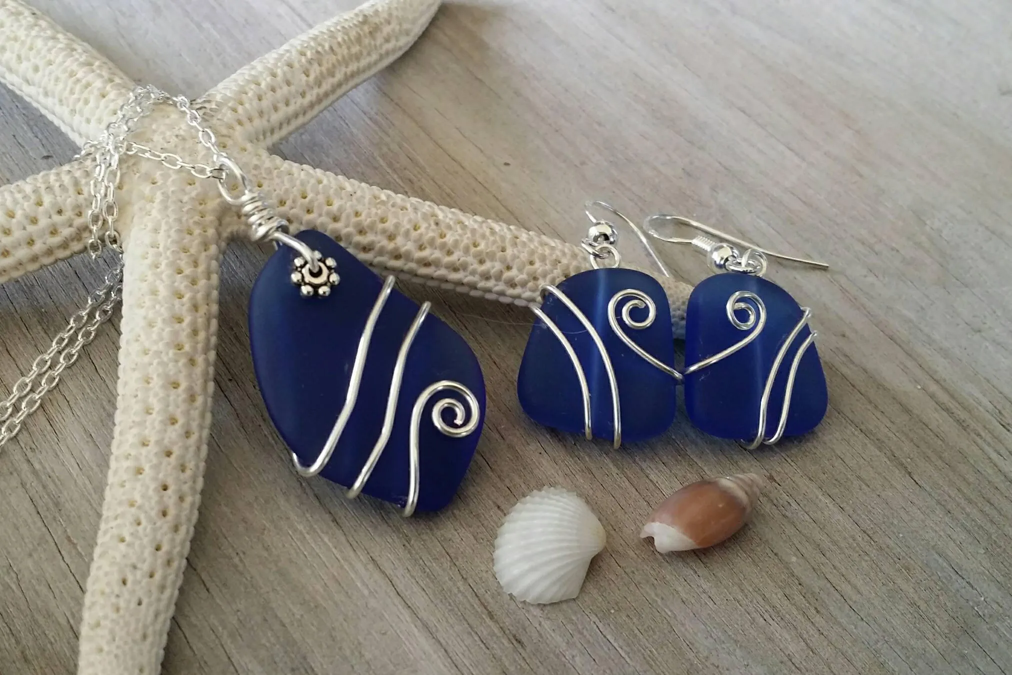 Handmade in Hawaii, Wire wrapped cobalt blue sea glass necklace   earrings jewelry set,925 sterling silver chain, gift box, wedding gift